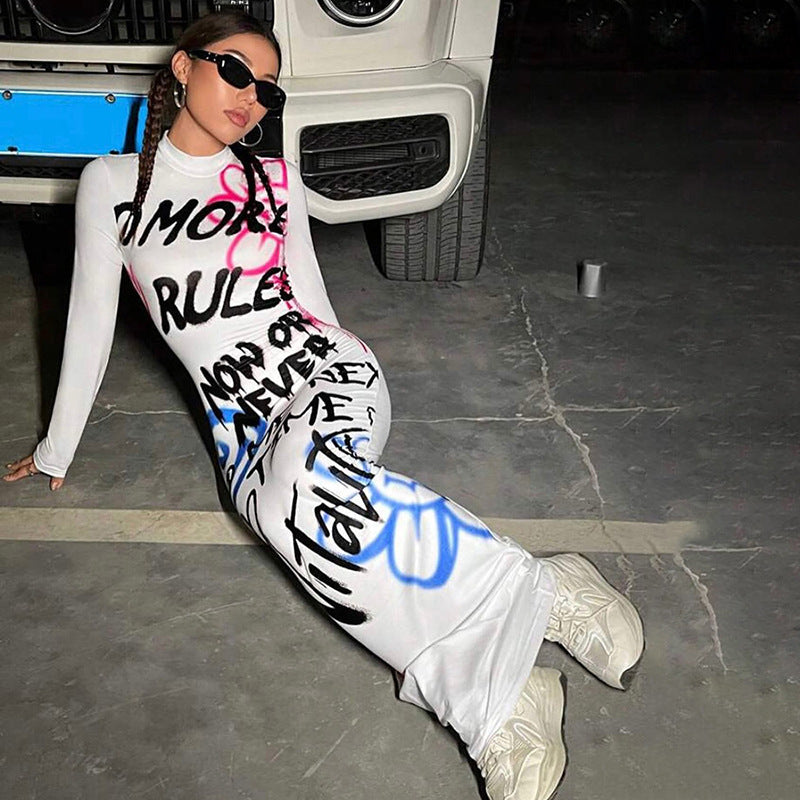 Women White Letter Print Casual Long Dress Turtleneck Full Sleeve Bodycon Fashion Slim Club Party Robes Streetwear Vestidos