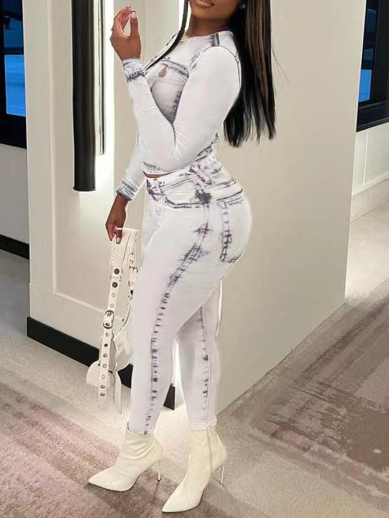 Gorgeous Plus Size Denim Illusion Top A Bottom Bodycon Set