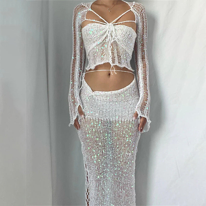 Gorgeous sheer cover up breaded knit sweater jumpsuit