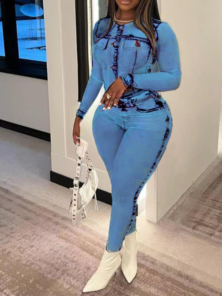 Gorgeous Plus Size Denim Illusion Top A Bottom Bodycon Set