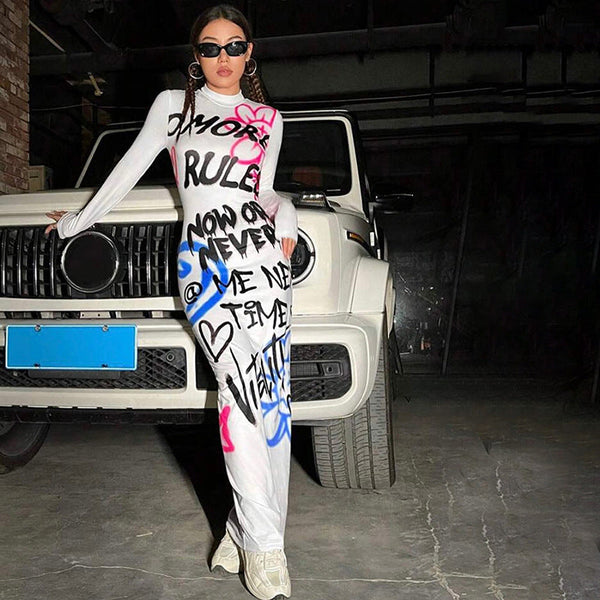 Women White Letter Print Casual Long Dress Turtleneck Full Sleeve Bodycon Fashion Slim Club Party Robes Streetwear Vestidos
