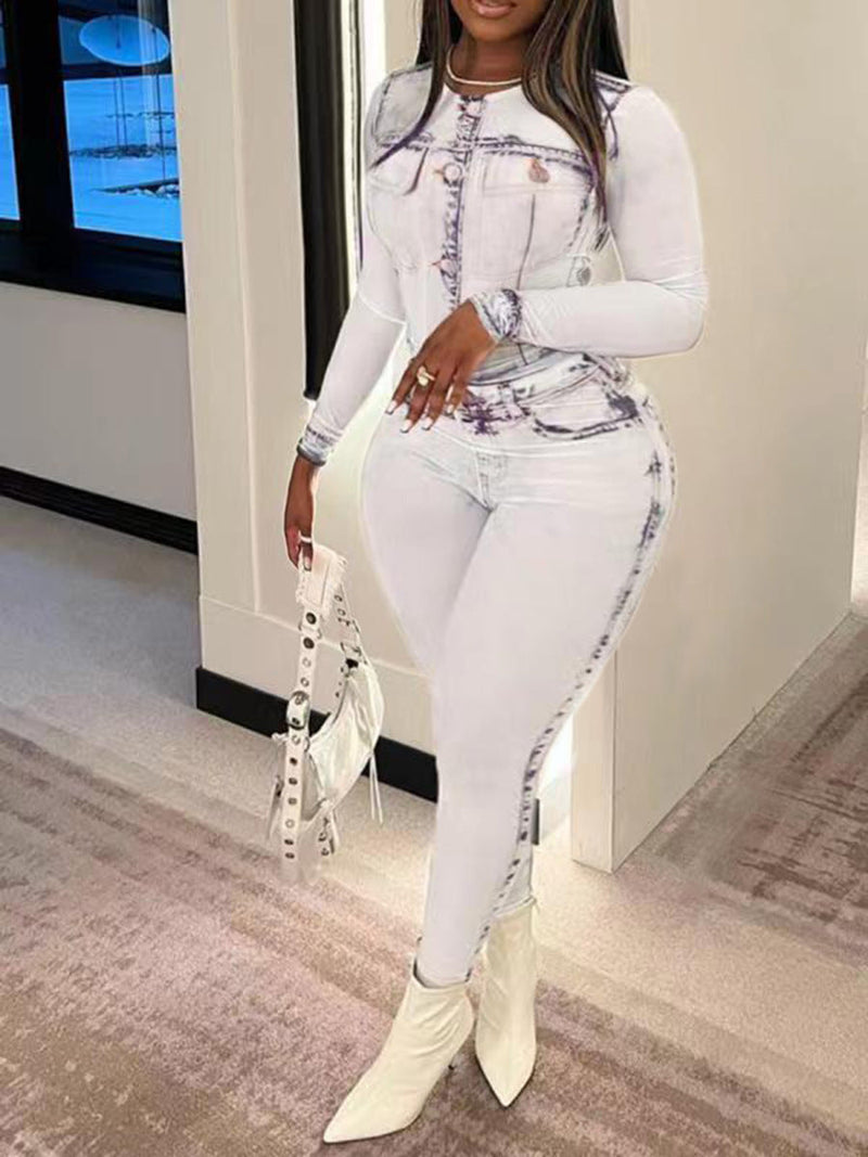 Gorgeous Plus Size Denim Illusion Top A Bottom Bodycon Set