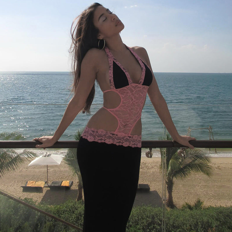 Sexy Summer Dress Lace Spliced Hollow Halter Backless Split Long Dresses for Women Resort Wear 2024