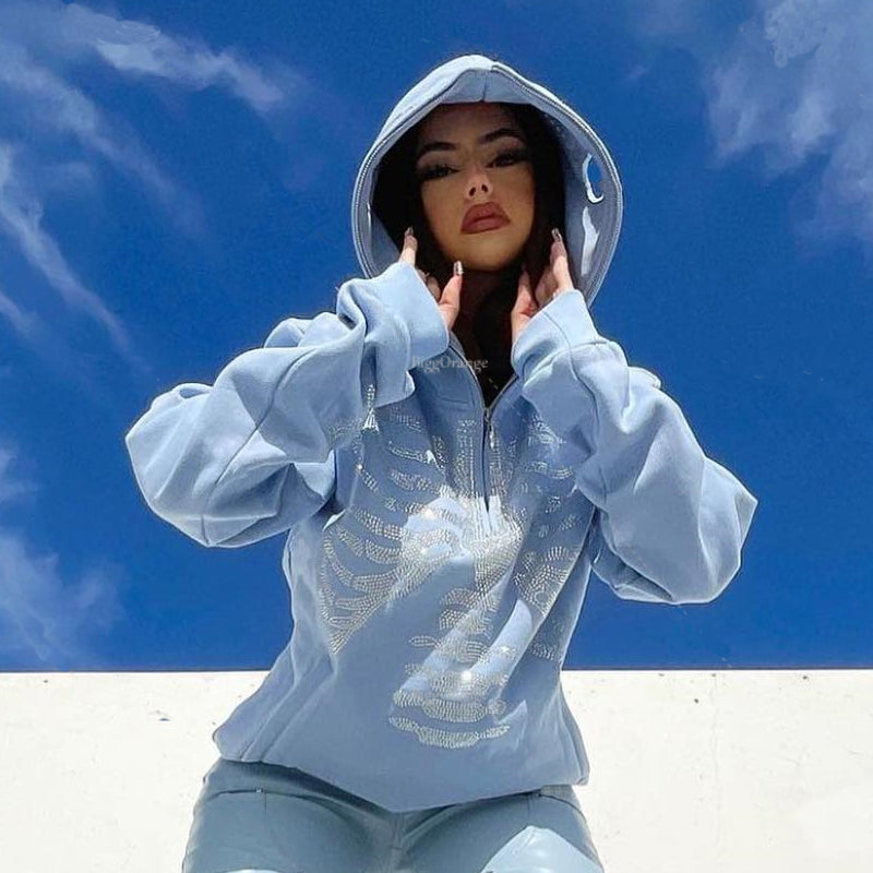 Luxury Skeleton Rhinestone Hip Hop Off White Full Zip Hoodie - TimelessGear9