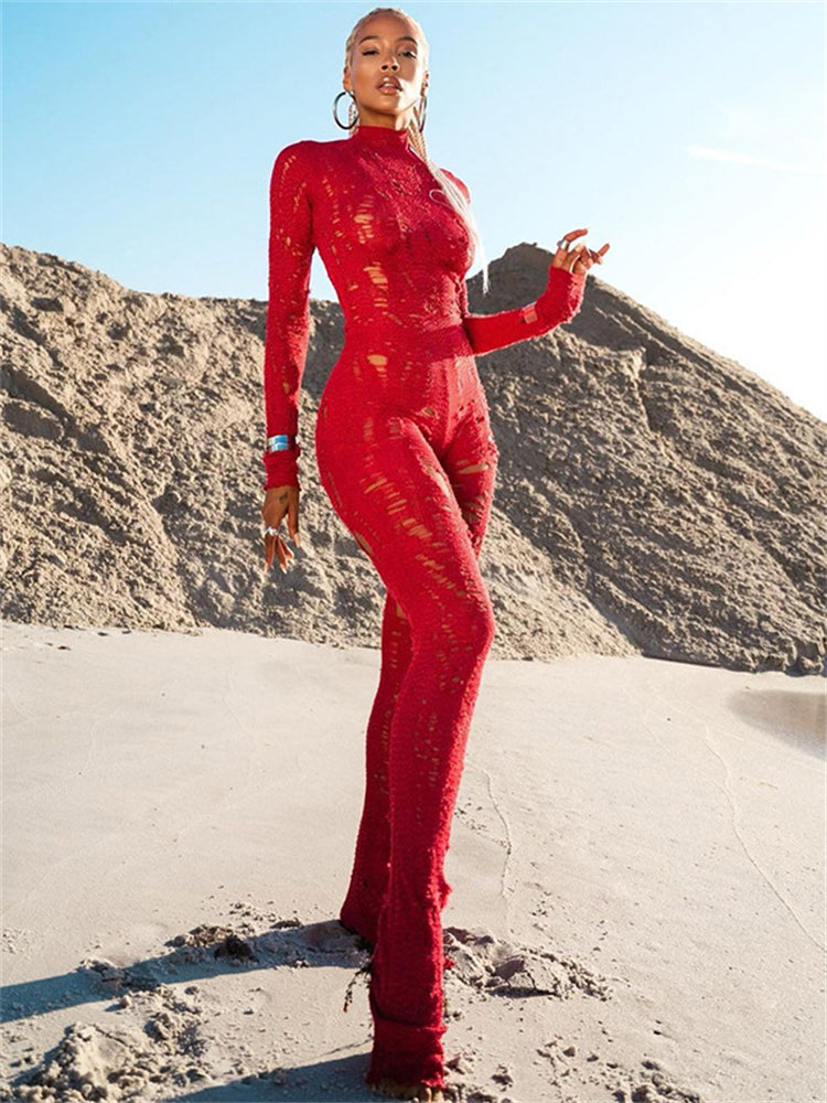 Ice Spice Red Ripped Jumpsuit Women Autumn Behind Shirring Skinny Fashion Activity Sexy Hipster Stretch Streetwear Overalls