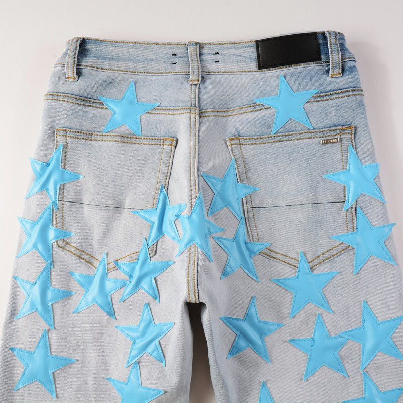 Mens Slim Fit Fashion Amiri Stars Logo Skinny Stretch Jean's - TimelessGear9