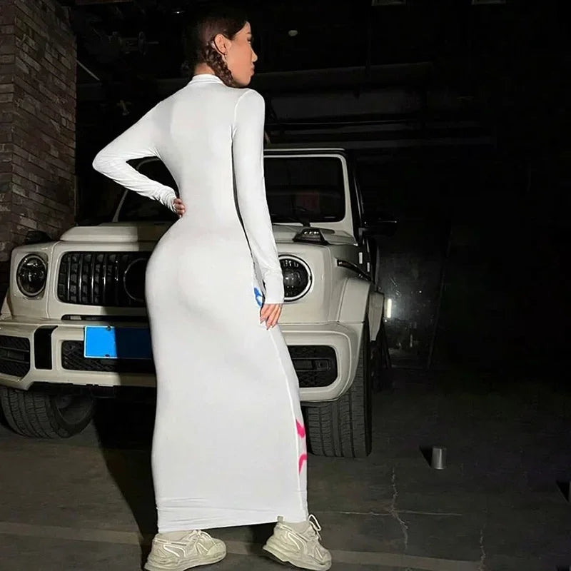 Women White Letter Print Casual Long Dress Turtleneck Full Sleeve Bodycon Fashion Slim Club Party Robes Streetwear Vestidos