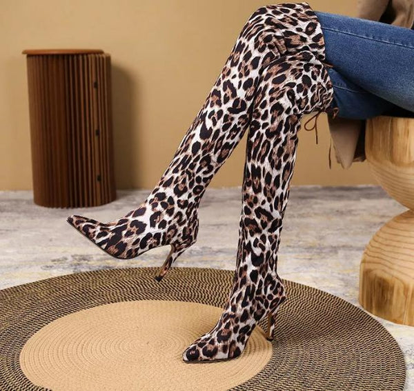 Ladies Leopard Print Knee High Boots - TimelessGear9