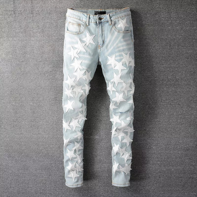Mens Slim Fit Fashion Amiri Stars Logo Skinny Stretch Jean's - TimelessGear9
