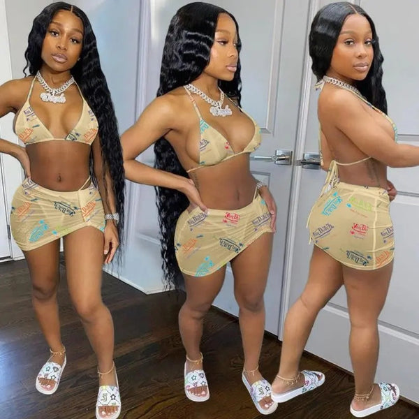 Sexy Swim Suit Sports Casual Three-piece Outfit, Women's Clothing