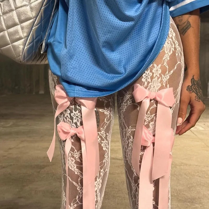Bandage High Waist Lace Perspective Bow Pants For Women 2024 Spring New Spicy Ladies