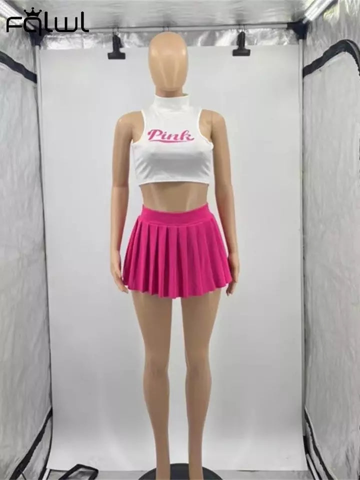 Sexy 2 Piece Set Women Skirt & Turtleneck Sleeveless Crop Top StreetWear - TimelessGear9