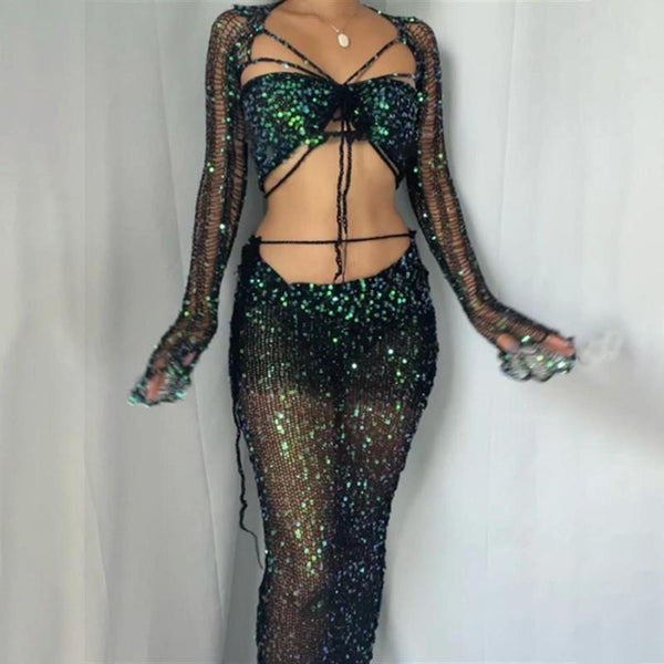Gorgeous sheer cover up breaded knit sweater jumpsuit