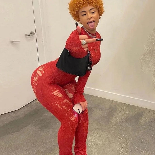 Ice Spice Red Ripped Jumpsuit Women Autumn Behind Shirring Skinny Fashion Activity Sexy Hipster Stretch Streetwear Overalls