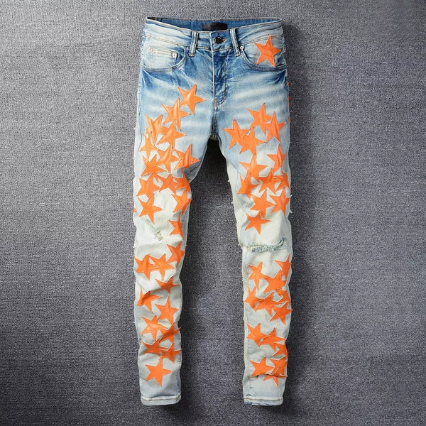 Mens Slim Fit Fashion Amiri Stars Logo Skinny Stretch Jean's - TimelessGear9