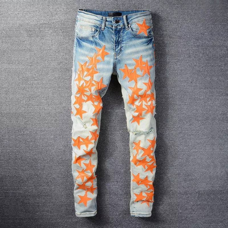 Mens Slim Fit Fashion Amiri Stars Logo Skinny Stretch Jean's - TimelessGear9