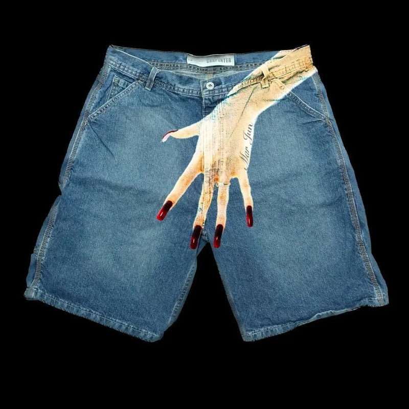 Men's Blue Jean Shorts With Women's Hand Print Bandage