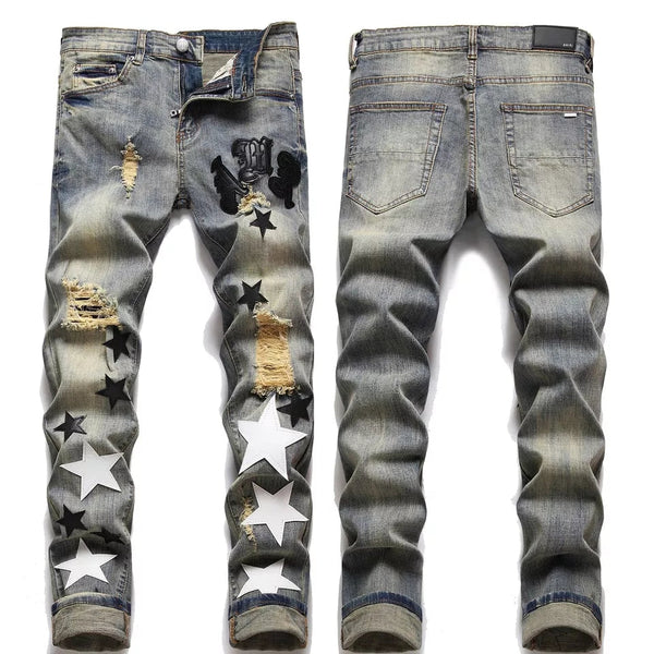 Men's Light Luxury Slim Fit Stretch Blue Jeans Amiri Hip Hop Jeans
