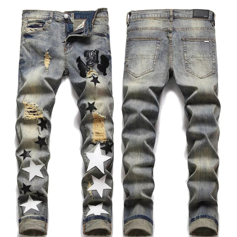 Men's Light Luxury Slim Fit Stretch Blue Jeans Amiri Hip Hop Jeans