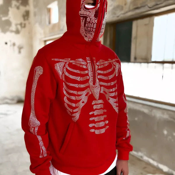 Skeleton Rhinestone Hip Hop Off White Full Zip Hoodie