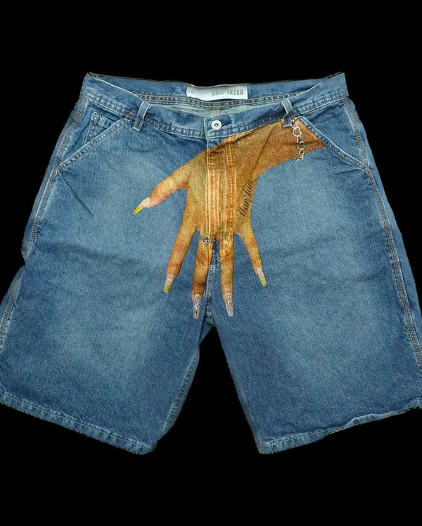 Men's Blue Jean Shorts With Women's Hand Print Bandage
