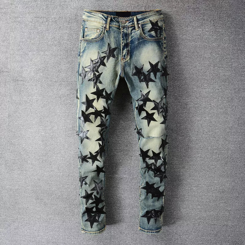Mens Slim Fit Fashion Amiri Stars Logo Skinny Stretch Jean's - TimelessGear9