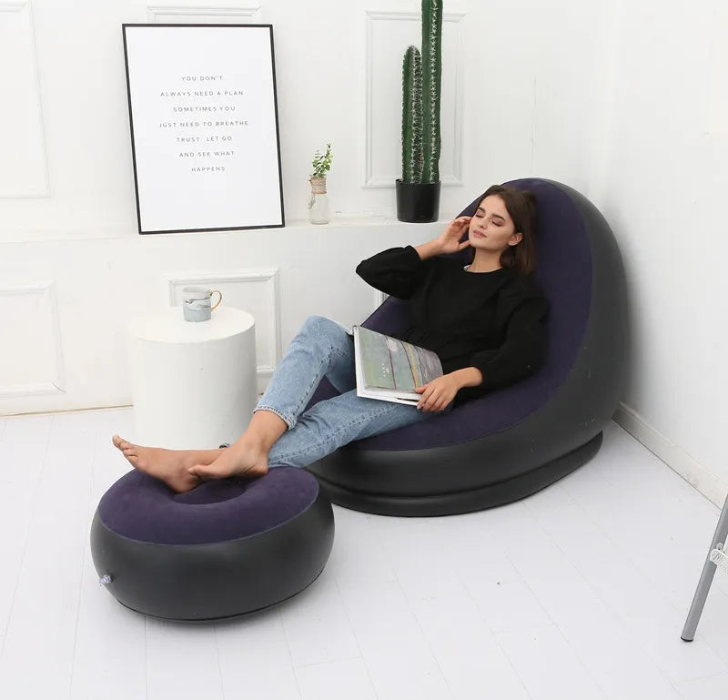 Inflatable Sofa With Foot Pad Lounger Luxury Style Flocking Bed Outdoor Furniture Portable Single Sofa Couch Chair