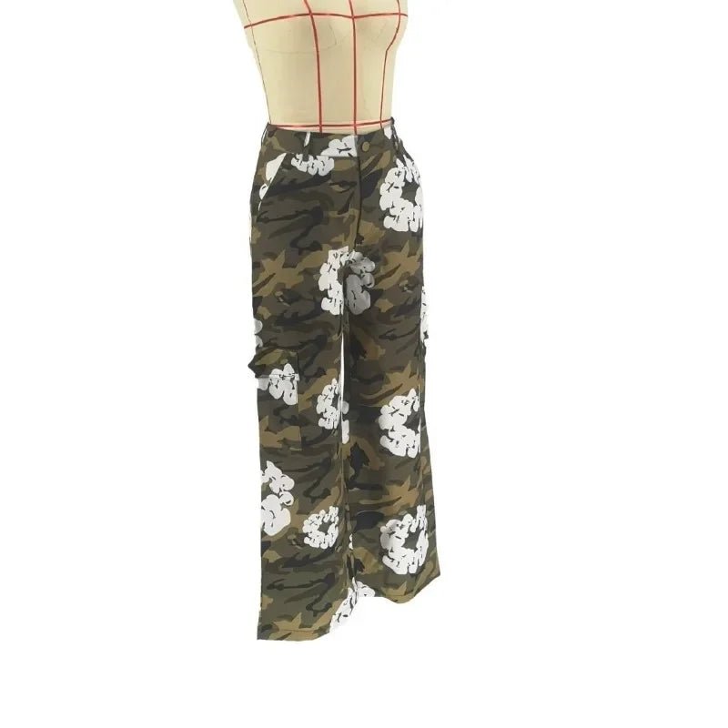 2024 Spring Print Camouflage Cargo Pants Fashion Button Fly High Waist Loose Casual Straight Trousers Female Streetwear Bottoms - TimelessGear9