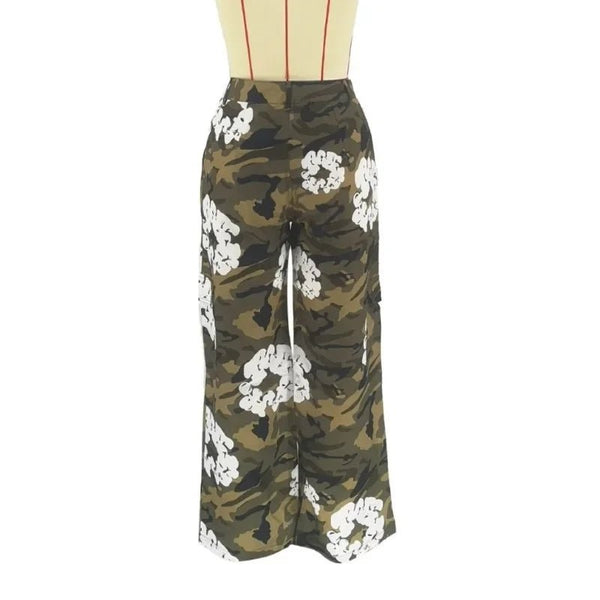 2024 Spring Print Camouflage Cargo Pants Fashion Button Fly High Waist Loose Casual Straight Trousers Female Streetwear Bottoms - TimelessGear9