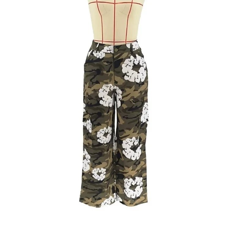 2024 Spring Print Camouflage Cargo Pants Fashion Button Fly High Waist Loose Casual Straight Trousers Female Streetwear Bottoms - TimelessGear9