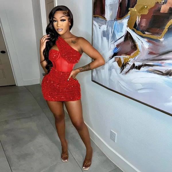 Sleeveless One Shoulder Bodycon Sexy Glitter Sequined Mesh Patchwork Mini Dress For Women