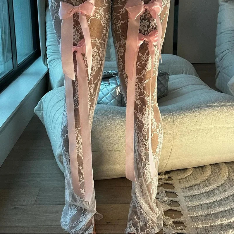Bandage High Waist Lace Perspective Bow Pants For Women 2024 Spring New Spicy Ladies