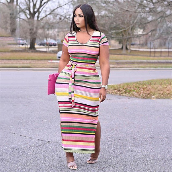 4xl Plus Size Dress Woman Wholesale Elegant Sexy Slip Hem with Belt Ribbing Bodycon Maxi Dresses - TimelessGear9
