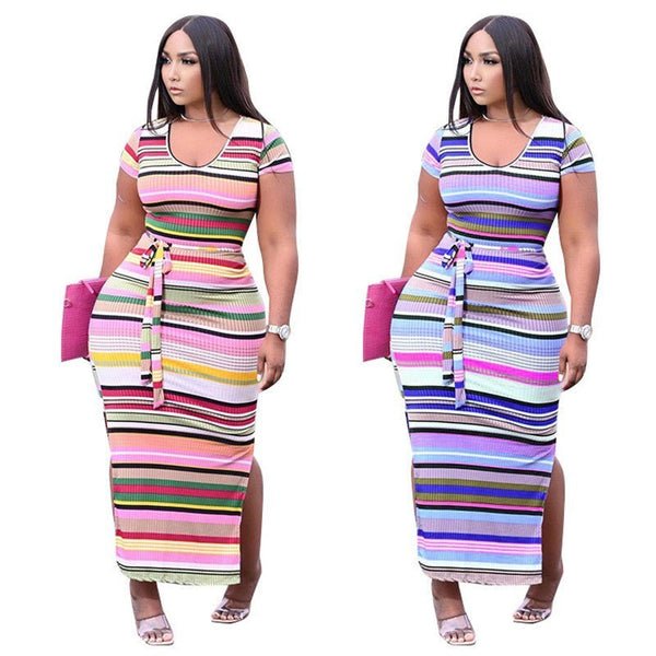 4xl Plus Size Dress Woman Wholesale Elegant Sexy Slip Hem with Belt Ribbing Bodycon Maxi Dresses - TimelessGear9