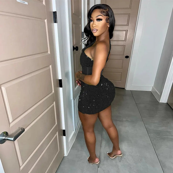 Sleeveless One Shoulder Bodycon Sexy Glitter Sequined Mesh Patchwork Mini Dress For Women