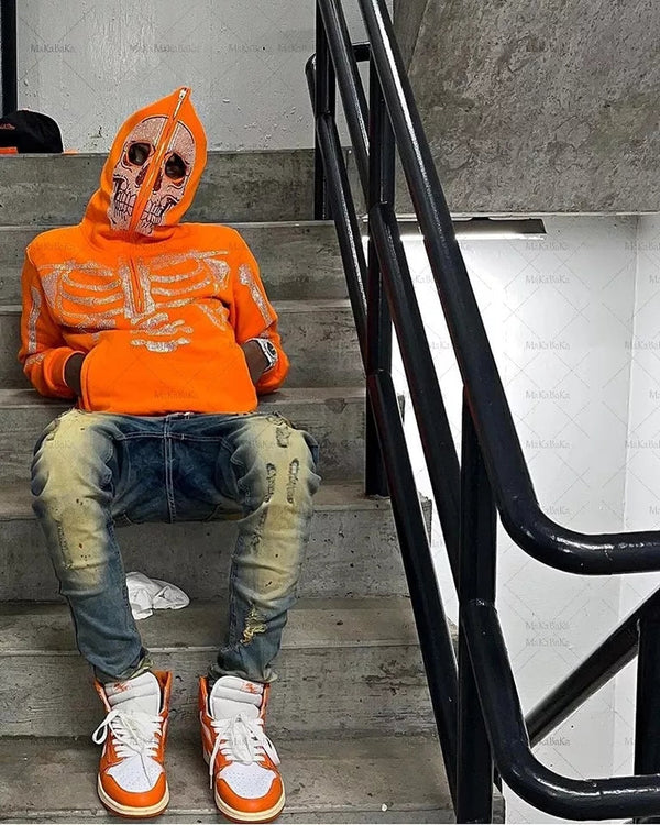 Skeleton Rhinestone Hip Hop Off White Full Zip Hoodie - TimelessGear9