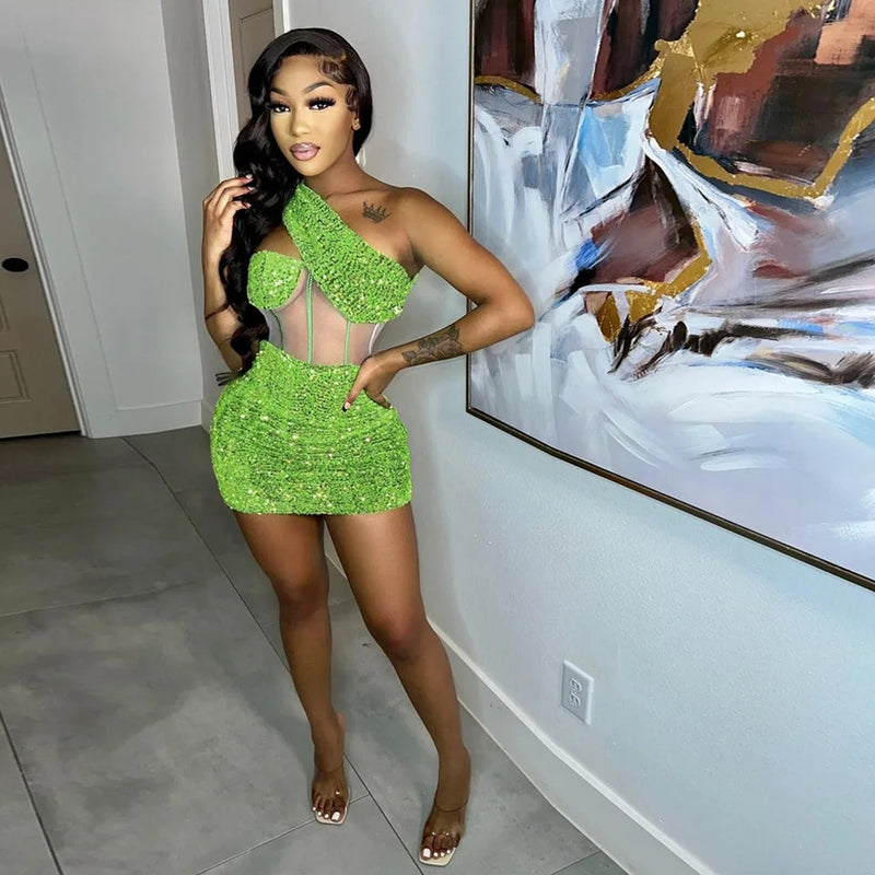 Sleeveless One Shoulder Bodycon Sexy Glitter Sequined Mesh Patchwork Mini Dress For Women