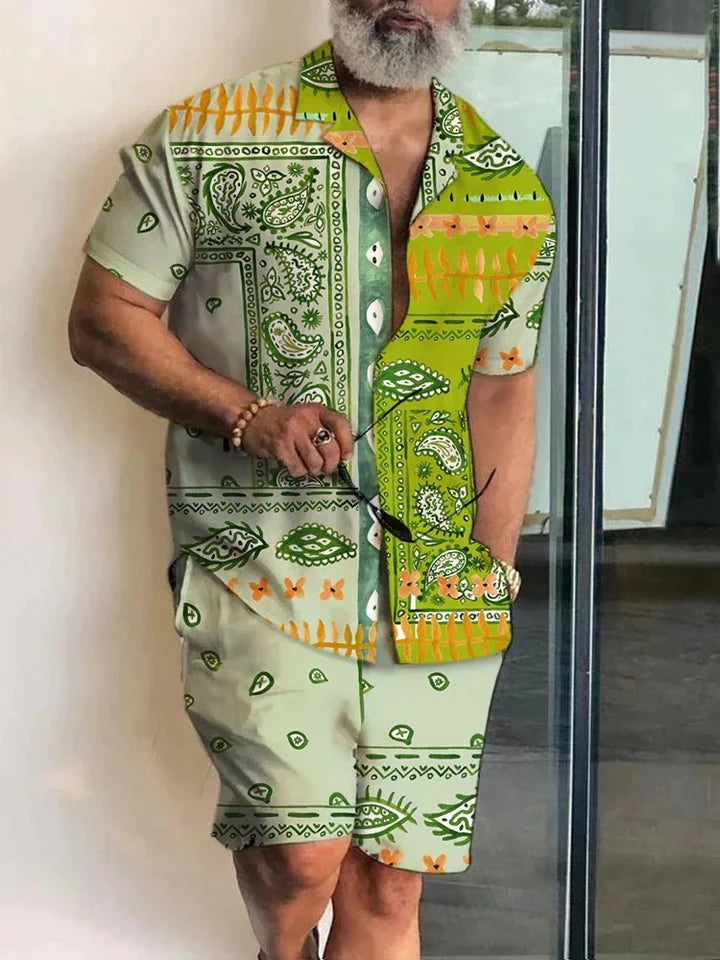Men Sets 3d Print Patchwork Lapel Short Sleeve Casual Shirt Beach Shorts Summer Streetwear Vacation Hawaiian Suits Men Clothing