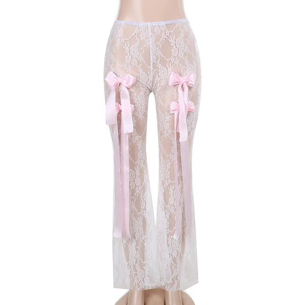 Bandage High Waist Lace Perspective Bow Pants For Women 2024 Spring New Spicy Ladies