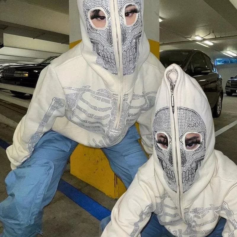 Skeleton Rhinestone Hip Hop Off White Full Zip Hoodie - TimelessGear9