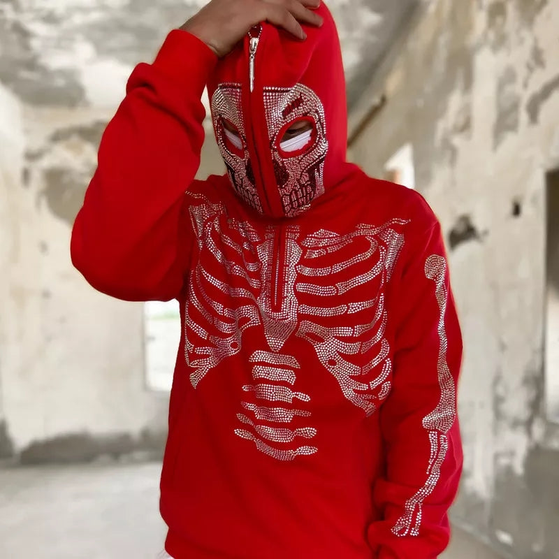 Skeleton Rhinestone Hip Hop Off White Full Zip Hoodie