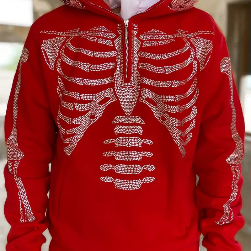 Skeleton Rhinestone Hip Hop Off White Full Zip Hoodie