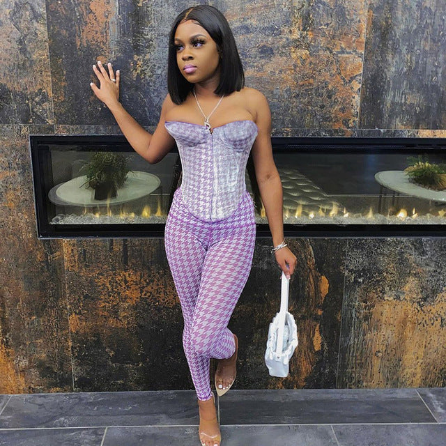 Houndstooth Print Corset Crop Top and Pants 2 Piece Set - TimelessGear9