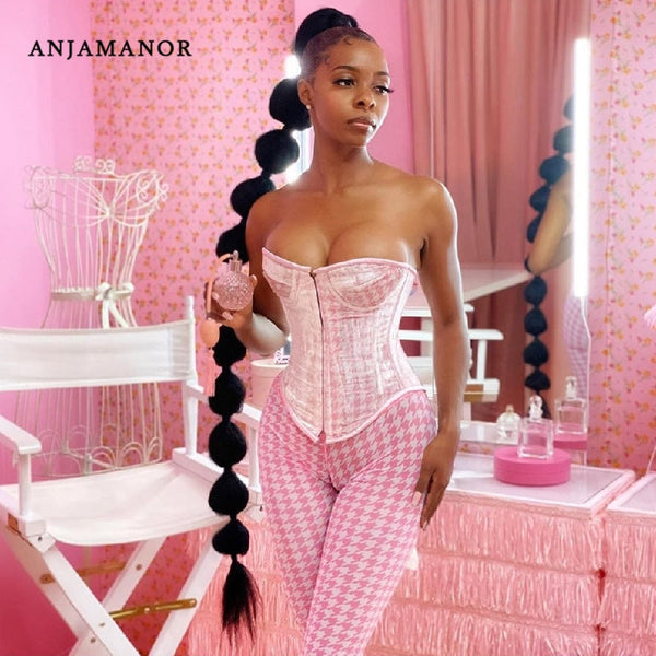 Houndstooth Print Corset Crop Top and Pants 2 Piece Set - TimelessGear9