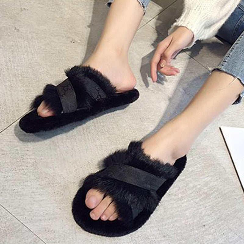 Luxury Brand Women Cross-tied Rabbit Fur Slippers Faux Fur Plush Slides - TimelessGear9