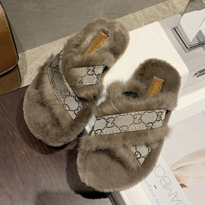 Luxury Brand Women Cross-tied Rabbit Fur Slippers Faux Fur Plush Slides - TimelessGear9