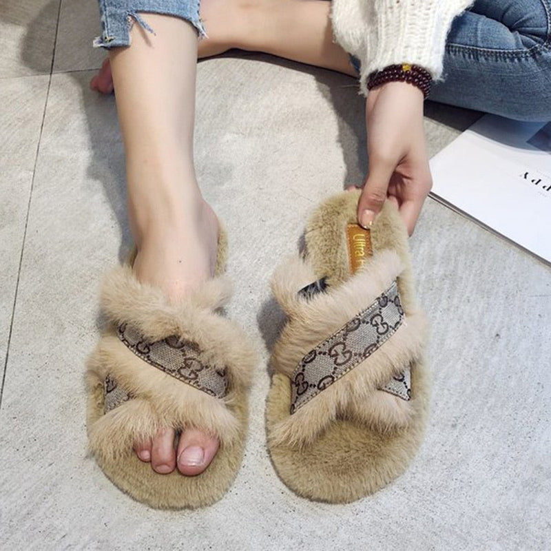 Luxury Brand Women Cross-tied Rabbit Fur Slippers Faux Fur Plush Slides - TimelessGear9