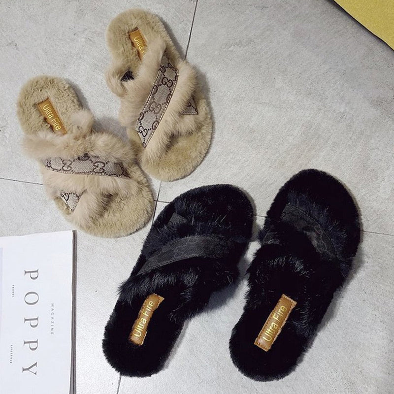 Luxury Brand Women Cross-tied Rabbit Fur Slippers Faux Fur Plush Slides - TimelessGear9