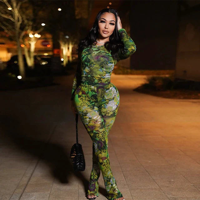 Sexy Mesh Aesthetic Print Co-Ord Two Piece Sets Women Summer Long Sleeve Top and Thing Trouser Outfits Suit Streetwear