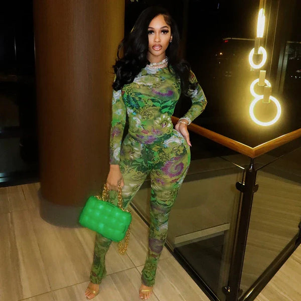 Sexy Mesh Aesthetic Print Co-Ord Two Piece Sets Women Summer Long Sleeve Top and Thing Trouser Outfits Suit Streetwear